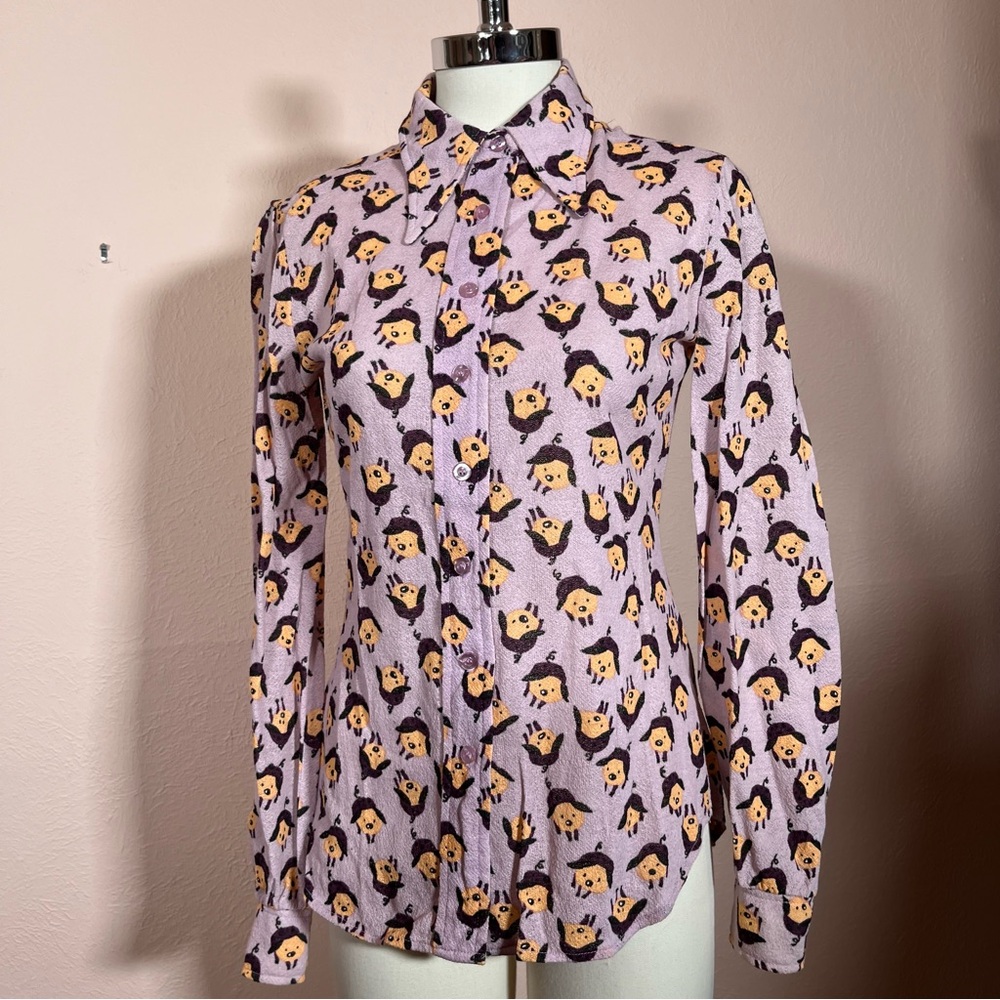Vintage 60 '70 Mod MCM the red Eye Pig Print Lavender Dagger collar Shirt - Picture 4 of 16